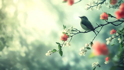 Songbird rests among soft blossoms in dreamlike light.