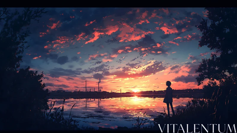 Solitary silhouette beside neon-tinted industrial sunset lake.