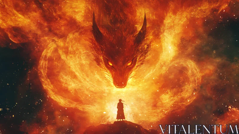 Sorcerer confronts colossal flaming dragon amid cosmic void