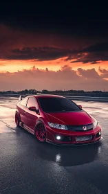 Crimson Honda Civic glowing against a moody sunset sky.