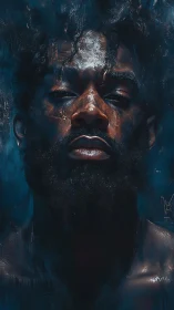 Close frontal portrait of man in blue-toned digital render.