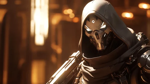 Hooded chrome reaper android in molten cathedral light.