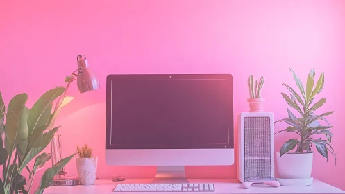 Desktop computer setup is arranged against a pink wall
