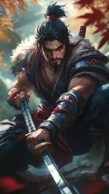 Samurai warrior in crouched stance with drawn katana blade.