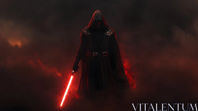 Hooded dark figure stands in smoke holding red energy sword