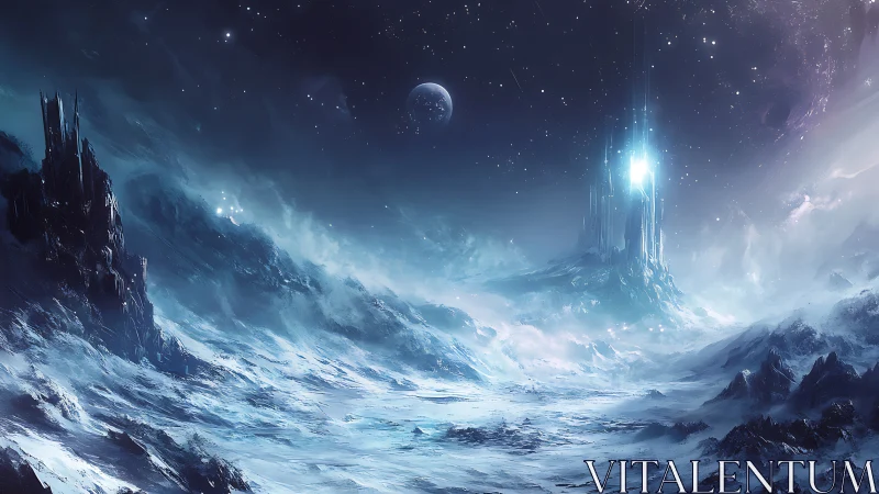 Luminous ice citadel rises over a frozen alien wasteland