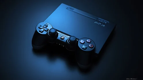 Next-Gen Gaming Console and Controller in Blue Light.