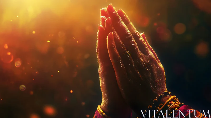 Folded praying hands against warm glowing light background.