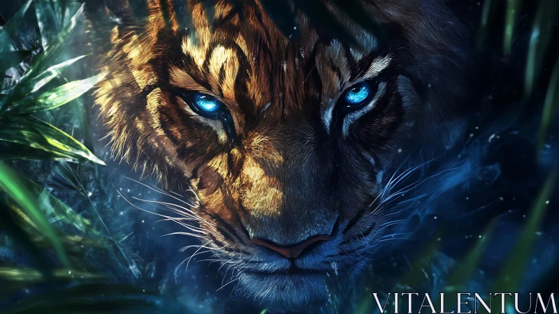 Bioluminescent-eyed tiger emerging through nocturnal foliage.