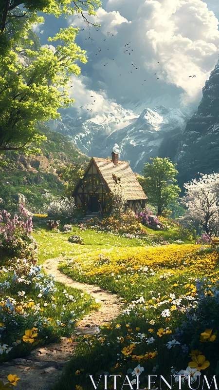 Mountain valley cottage stands amid dense spring wildflower field