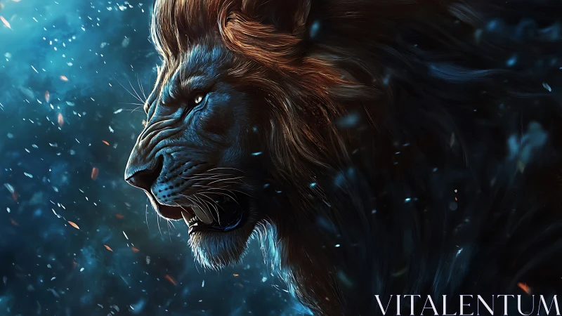 Roaring lion emerges through swirling blue embers and shadow