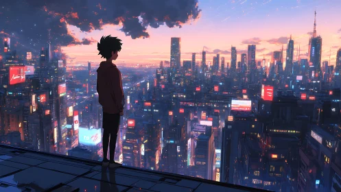 Silhouetted youth overlooking dense neon cyber cityscape.
