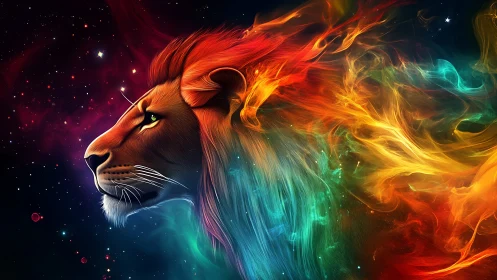 Cosmic rainbow lion drifting through starlit nebulae.