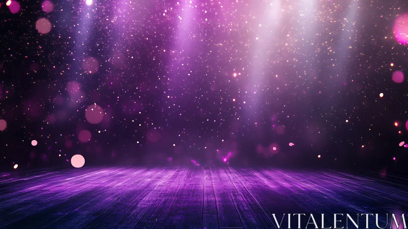 Luminous violet stage with glittering bokeh spotlight field.