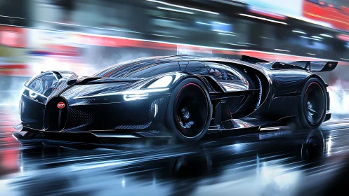 Midnight hypercar rockets through neon-lit urban storm.
