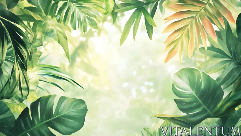 Tropical leaves frame bright softly blurred forest background