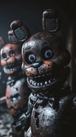 Rusted animatronic rabbits glare under haunted corridor light.