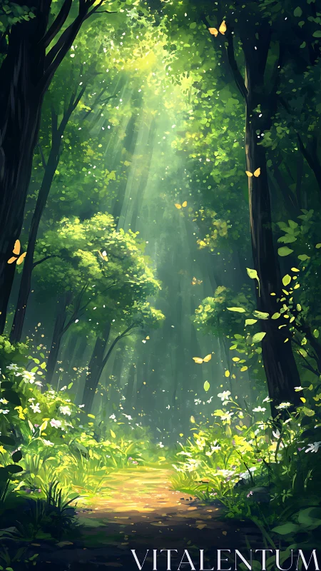 Enchanted Forest Path with Golden Butterflies