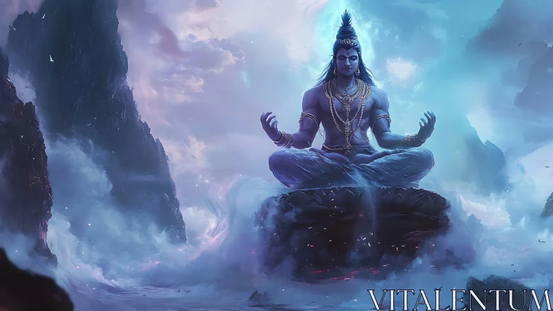 Blue-skinned deity meditates on floating lotus above mist