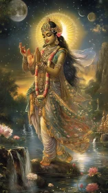 Moonlit river crowns a serene celestial goddess in gold