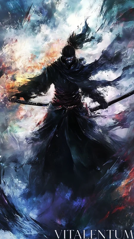 Shadowed katana warrior amid swirling elemental storm.