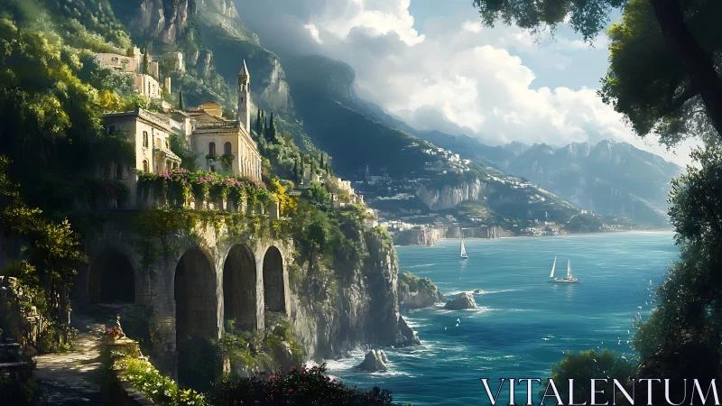 Cliffside Mediterranean town above a calm blue coastline.