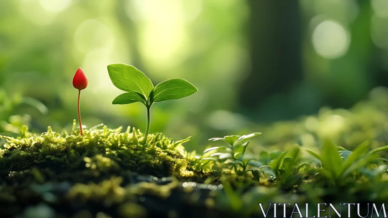 Tiny red mushroom and young green plant in sunlit forest scene.