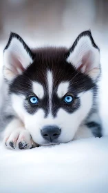 Snowy blue-eyed husky pup resting in winter calm.