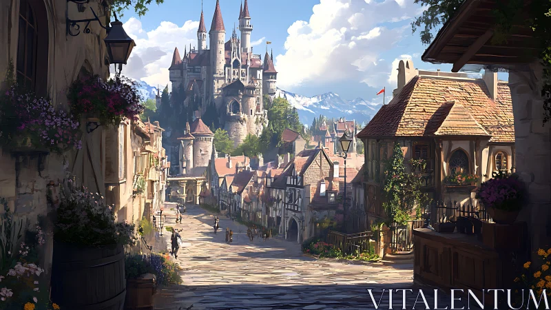 Sunlit medieval town street leading toward hilltop castle.