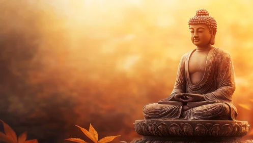 Buddha statue in meditation with warm golden background.