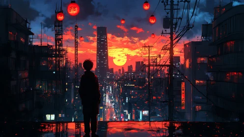 Neon city sunset with lone figure over reflective streets.