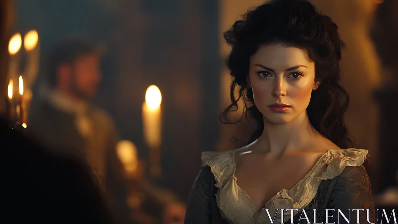 Candlelit portrait of woman in historical style interior.