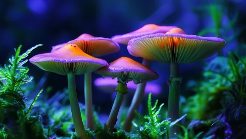 Cluster of illuminated mushrooms in dense forest undergrowth.