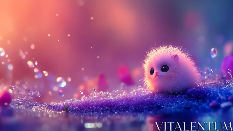Fluffy neon kitten orb in sparkling pastel dreamscape.