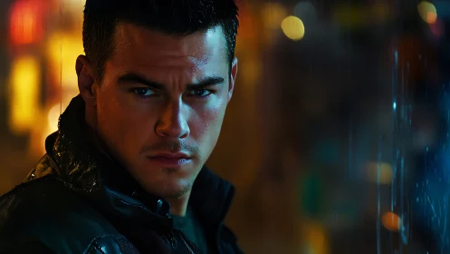 Man stands in rainy night city, lit by colorful bokeh