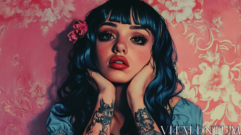 Blue haired tattooed woman against pink floral wall.