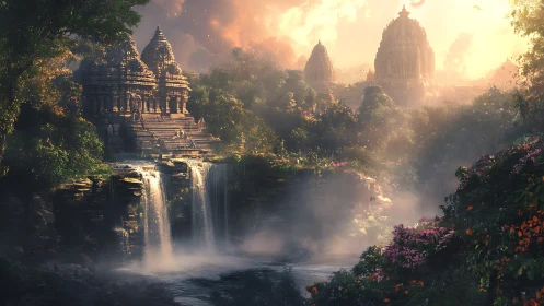 Sunlit jungle temples rising above cascading waterfalls.