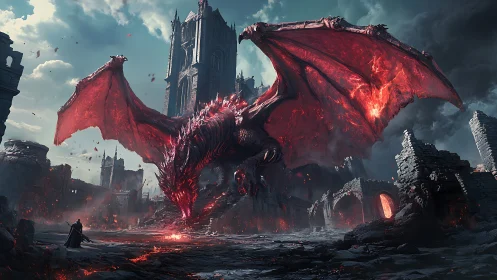 Red dragon dominates ruined fortress while confronting lone figure