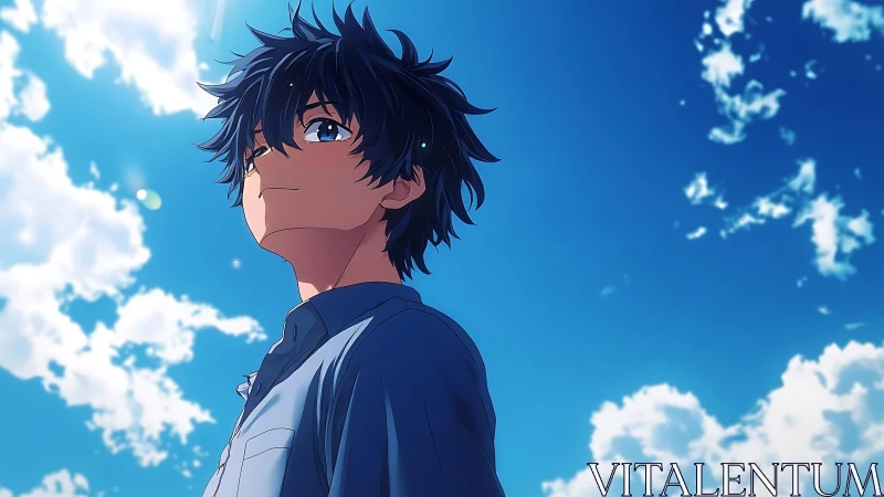 Blue haired anime boy stands under bright daytime sky