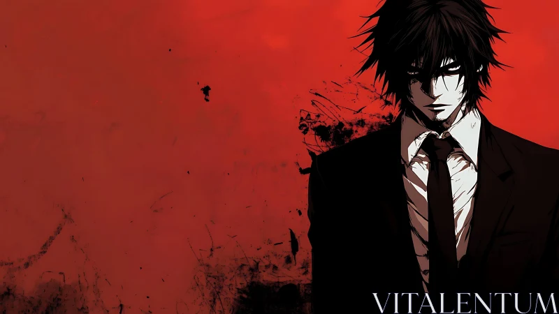 Male figure in dark suit against red splattered background.