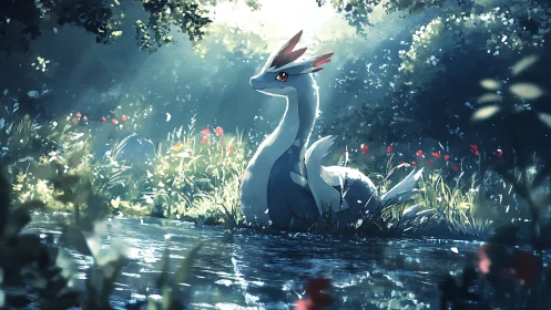 Gentle dragon rests by a sunlit forest pond in peace