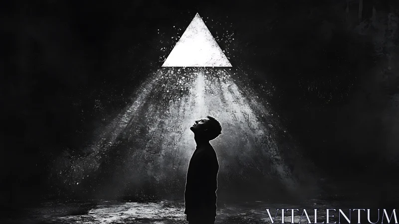 Backlit silhouette beneath luminous triangular light beam