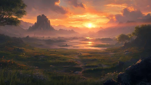 Golden valley sunrise over tranquil fantasy wetlands.