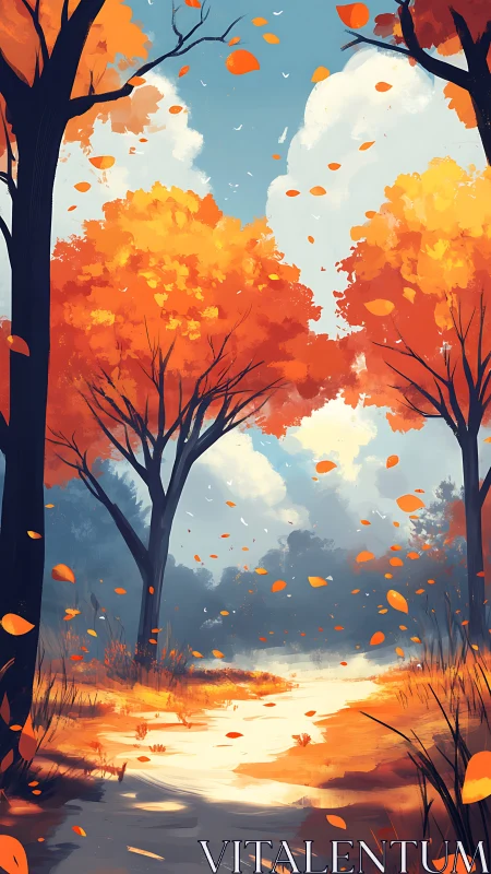 Autumn Forest Path with Falling Leaves.