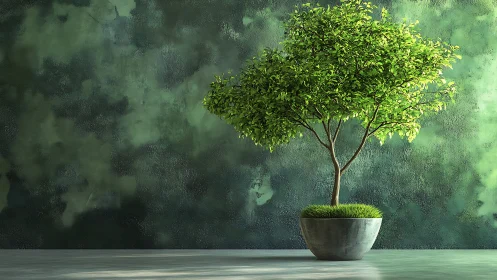 Potted ornamental tree stands before textured green wall