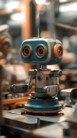 Cute retro robot stands in warm industrial workshop light