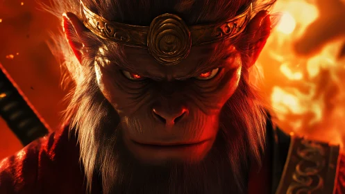 Fiery warrior monkey king portrait in blazing inferno.