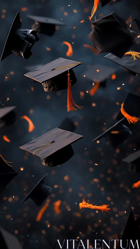 Graduation caps suspended midair with cinematic depth of field