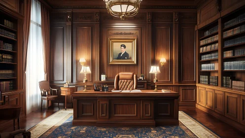 Traditional wood paneled executive office with library wall.