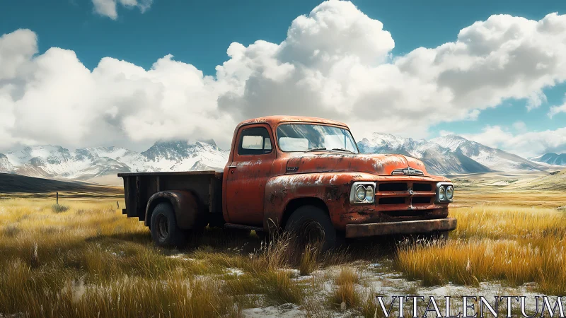 Rusty vintage pickup rests quietly in vast mountain plains.